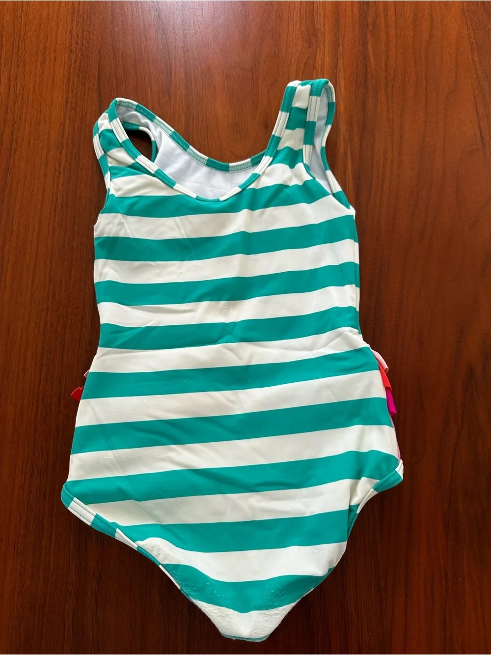 Mini Boden Girls Teal Stripe Flamingo Ruffle One-Piece Swimsuit - Pink Accents